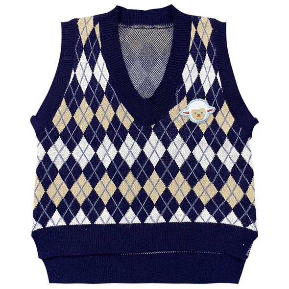 Kawaii Check Color Block Knitted Sweater Vest