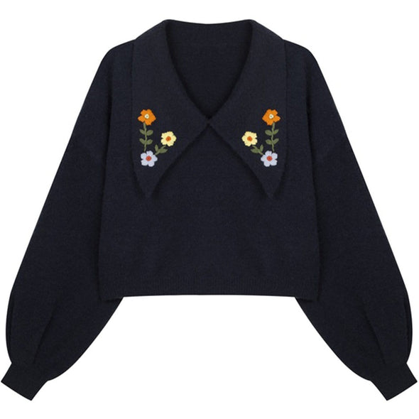 Kawaii Flower Embroidery Doll Collar Knitted Sweater