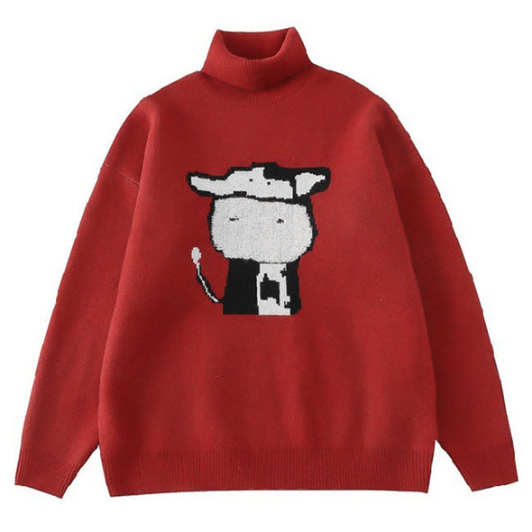 Kawaii Cartoon Cow Pattern Knitted Sweater