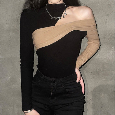 Sexy Irregular Contrast Off-the-Shoulder Long-sleeved Top