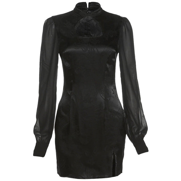 Gothic Sexy Embossed Printed Mesh Stitching Long-sleeved Dress