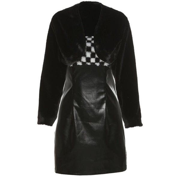 Checkerboard PU Panel Plush Jacket Dress Suit