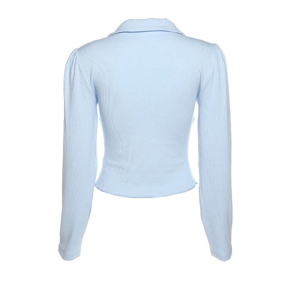 Solid Color Slim Bow V-Neck Long-sleeve Top