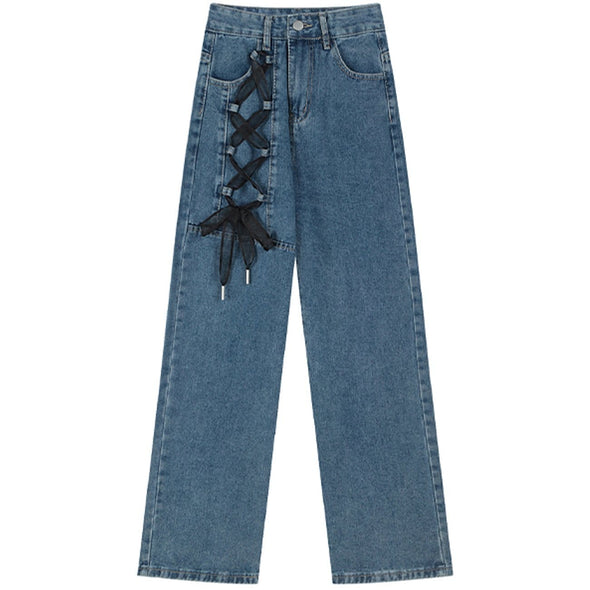Kawaii Lace Bow Tie Straight-leg Jeans