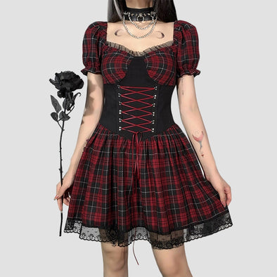 Gothic Dark Sexy Lace Waist Short-sleeved Dress