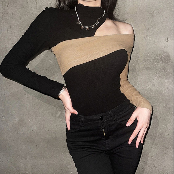 Sexy Irregular Contrast Off-the-Shoulder Long-sleeved Top