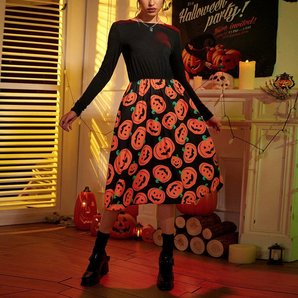 Gothic Halloween Pumpkin Print Dress