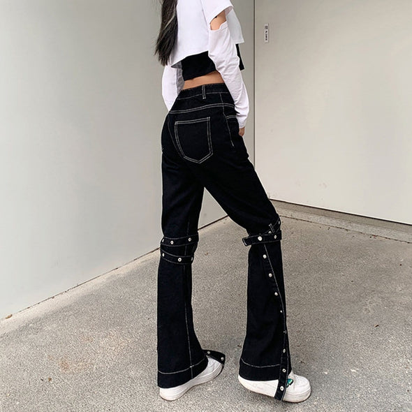 Hot Girl Lace-up Embellished High-rise Bootcut Jeans