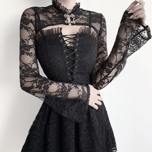 Stand-up Collar Flared Sleeve Lace Bottoming Shirt Top