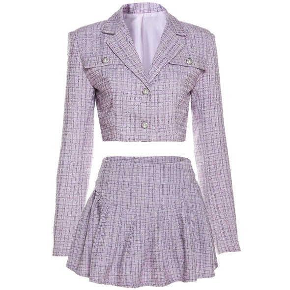 Plaid Lapel Top and Pleated Skirt Suit