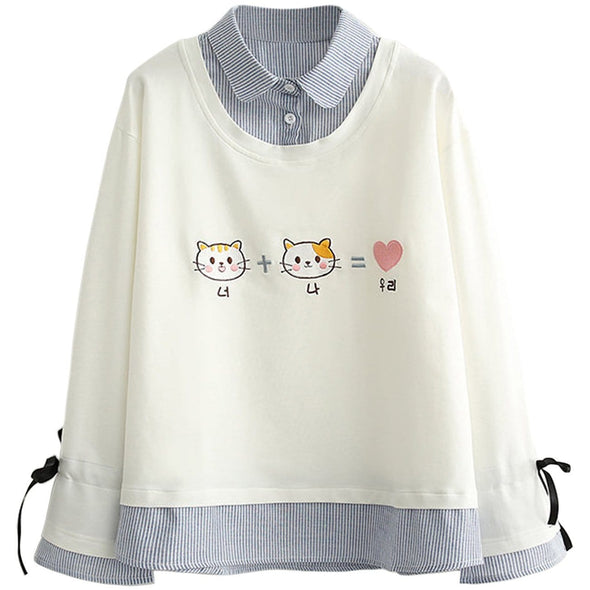 Kawaii Cat Print Striped Sweatshirt