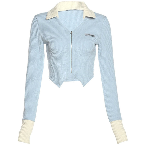 Color Block Polo Collar with Exposed Zipper Long-sleeved Top