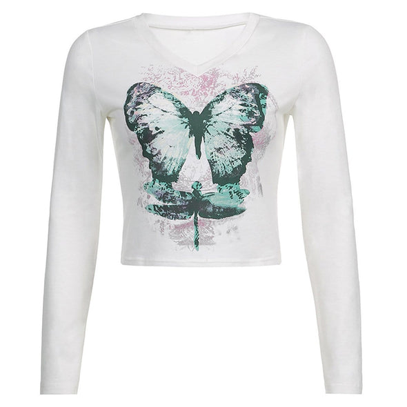 Gothic Butterfly Graffiti Print Long-sleeved T-shirt