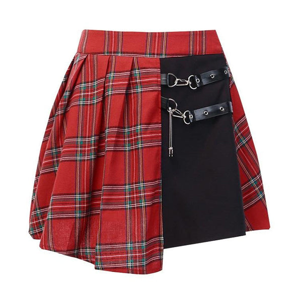 Sexy Plaid Stitching Irregular Pleated Skirt