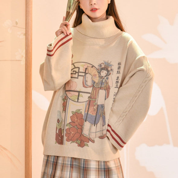 Kawaii Chinese Style Pattern Turtleneck Knitted Sweater