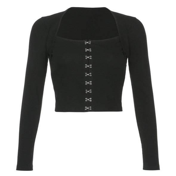 Square Neck Buttoned Slim Long Sleeve T-Shirt
