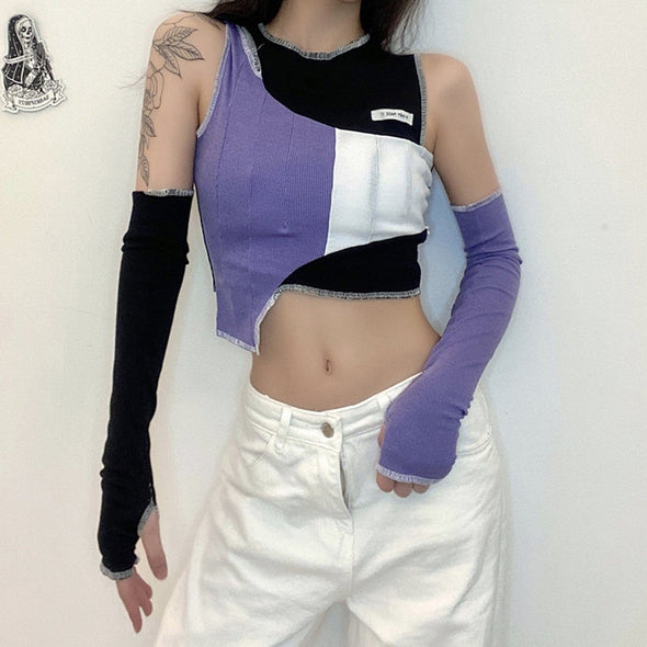 Hot Girl Color Matching Shoulder-cut Long-sleeved T-shirt