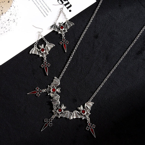 Gothic Halloween Black Bat Cross Necklace and Earrings Two-piece Accessory